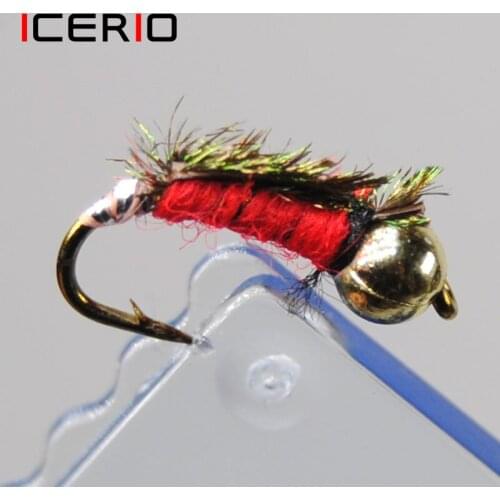 ICERIO 10PCS Red Nymphs Shaggy Wire Caddis Bead Head Fly Trout Fishing Lures #14