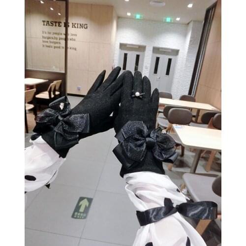 Bowknot Cashmere Gloves Winter Korean Version of The New Thickened Warm Cycling Student Finger Touch Screen Gloves Female