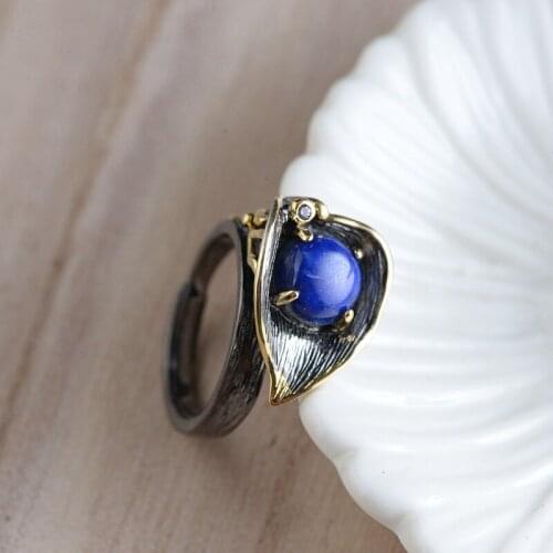 FNJ 925 Silver Ring Leaf Adjustable 100% Original Real S925 Solid Silver Rings for Women Jewelry Fine Lapis Lazuli