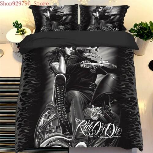 3D Skull Duvet Cover Set Sexy Girl On Motorcycle Bed Linens Single Double Twin Full Queen King Bedding Set Teen Adult Bedclothes