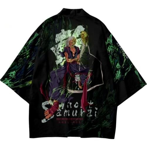 Japanese Cartoon Demon Slayer Samurai Style Set Fashion Kimono Beach Harajuku Men Women Black Cardigan Haori Obi Asian Pant Suit