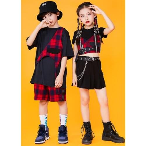 Girls Jazz Dance Costume ChildrenS Street Dance Clothing Red Lattice Top Hiphop Pants Ballroom Hip Hop Dance Clothing DQS7582