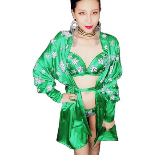 Green Rhinestones Three-Piece Suit Star Pattern Printing Belt Ladies Nightclub Performance Dance Costume Party Evening Costume