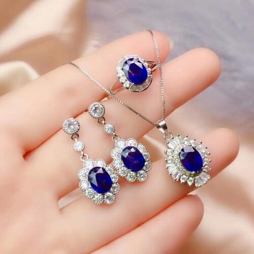 Best Gift Real and Natural Sapphire jewelry set Natural Real Sapphire 925 sterling silver 1pc pendant,1pc ring,2pcs Earring