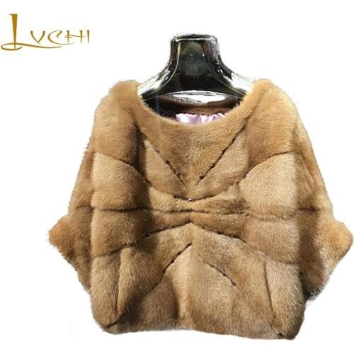 LVCHI 2019 Real Mink Fur Coats Womens Coat Full Pelt Causal Half Batwing Sleeve Pullover Crystal Stripd Loss Mink Slim Coats