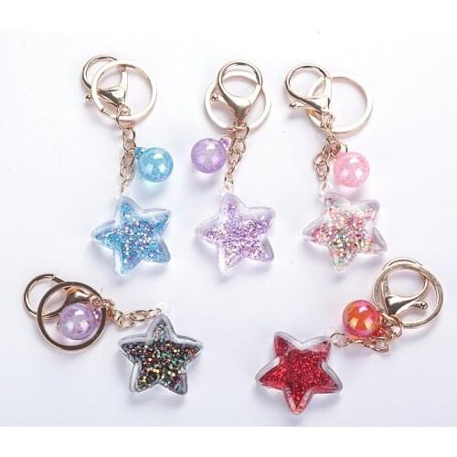 Cute Five-Pointed Star Transparent Quicksand Sequin Acrylic Pendant Car Keychains Women Holder Charm Bag Accessories Couple Gift