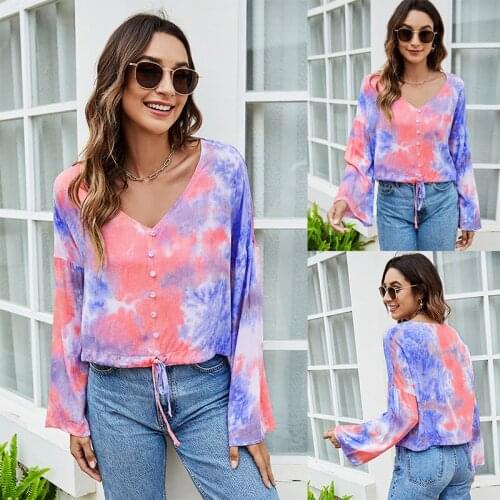 Fashion T Shirts Women Top Tie Dyed Print V Neck Button Drawsting Pullovers Female Long Sleeve Casual Loose Chic Shirt Tees