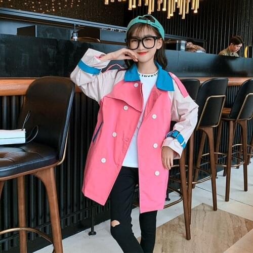 Girls Long Section 2021 New Patchwork Trench Casual Trench Coat Contrast Color with Sashes Lace Up Bowknot Jacket Windbreaker