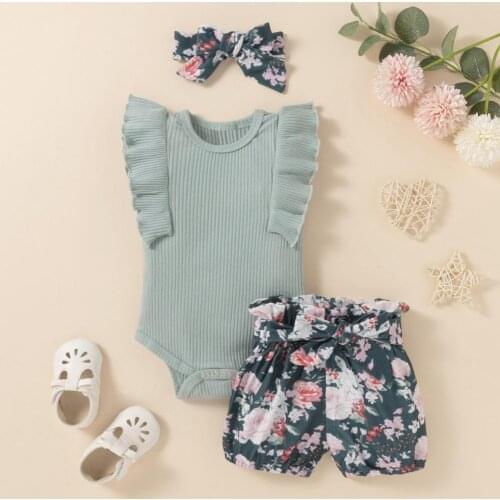Baby Girl Clothes Infant Summer Outfits Set Ruffle Sleeve Knit Striped Top Printed Short-Sleeved Childrens Shorts Suit Summer