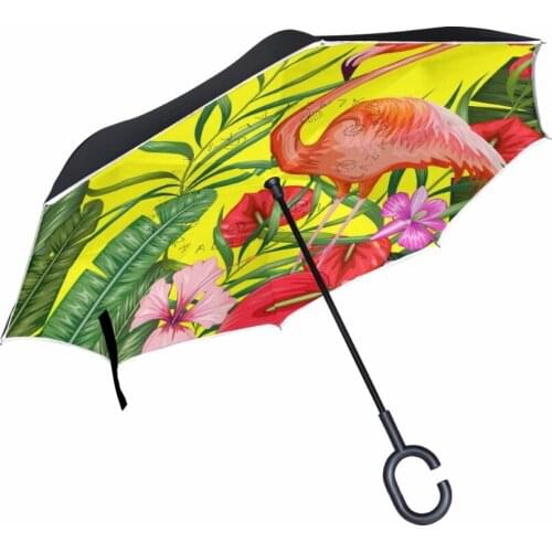 Flower Flamingo Pattern Reverse Umbrella Creative Customized Rain Wind Protection Long Handle Double Layer Umbrella Parasol