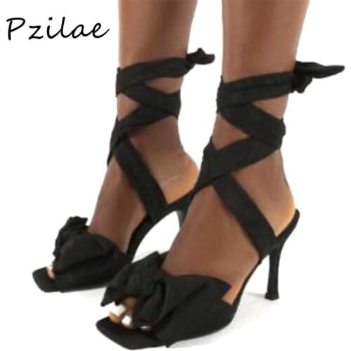 Pzilae Black Sandals Women Sexy Thin High Heels Fashion Butterfly-Knot Summer Sandals Cross-Tied Peep Toe Womens Shoes Size 40