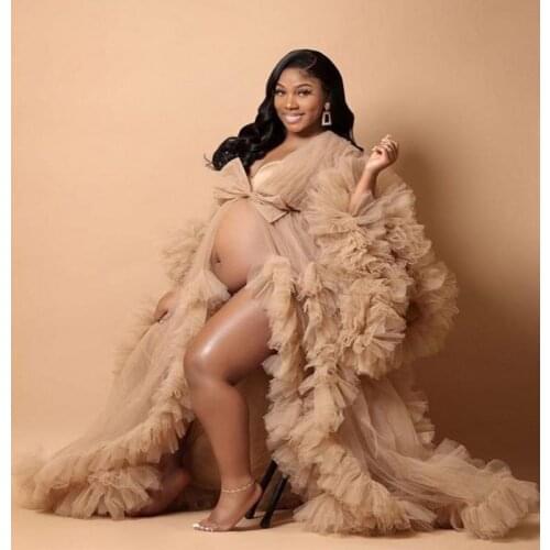 Champagne Prom Dresses Tulle Maternity Robes Women Photoshoot Bathrobe Fluffy Party Sleepwear Custom Made Gowns 2021