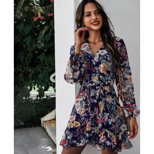 MEIYANGYOUNG Chiffon Printed Dresses 2021 High Waist Floral Boho Party Beach Mini Dress V Neck Lace Up Summer Dress
