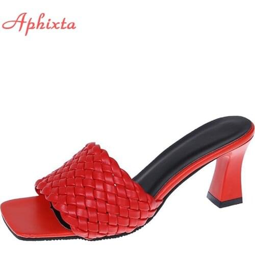 Aphixta 3.15 inch High Heels Slides Women Braided Rope Summer Slippers Woman Thin Heel Shoes Mule Open Toe Beach Outdoor Slides