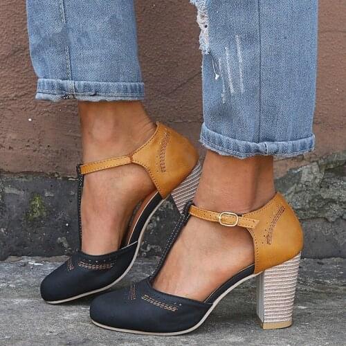 Mary Janes High Heels Women Spring Autumn Shoes Women Round Toe Block Heel Shoes Square Heel Leisure Casual Rome Pumps 358