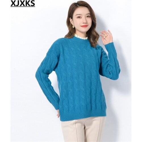 XJXKS Women Sweaters 2021 Autumn And Winter New Lace Collar Solid Stitching Sweet Sweater Women Pullover