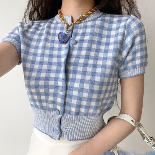 Women Button Through Gingham Knitted T-shirt With Fitted Trims In Light Blue