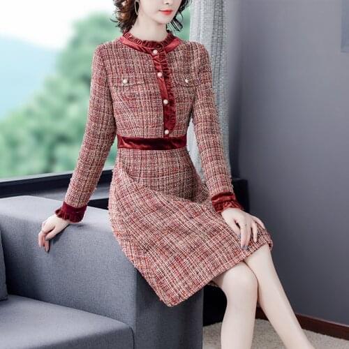 One-piece Dress Women Vintage Tweed Vestidos Winter Diamonds Ruffle Wine Elegant Dresses Plaid Beaded Woolen flamingo Dress 2021