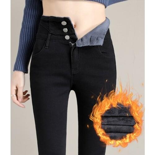 Winter Warm Plus Velvet Women Jeans Fleece Skinny Stretch Pencil Pants Fashion 4 Colors Double Buckle High Waist Denim Trousers