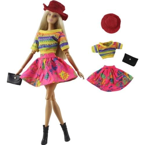 1Set Colorful Short Outfits Sets Costume for Barbie Doll Clothes Tops Shirt Mini Dress Red Hat Black Handbag 1/6 BJD Accessories