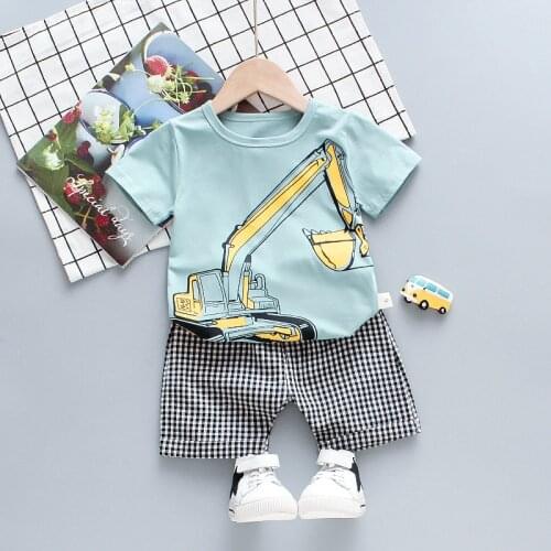 2020 Summer Kids Baby Boys Clothes Sets 2pcs Cartoon Excavator Children Clothing T Shirt Short Pants Sport Suit Set Outfit