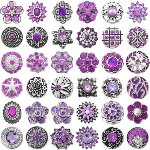 5pcs/lot Mixed Purple Snap Jewelry 18mm Snap Buttons Jewelry Rhinestone Flower Metal Snaps Jewelry Fit Snap Button Necklace