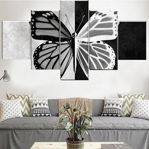 5 Pieces Wall Art Canvas Painting Animal Poster Black And White Butterfly Home Decoration Pictures Modern For Living Room