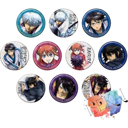 Gintama Anime Badge Sakata Gintoki Shimura Shinpachi Kagura Kotarou Katsura Shinsuke Takasugi Metal Badge Brooch Pins