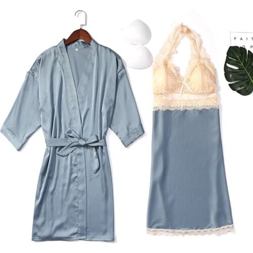 Faux Silk Satin Nightwear Sexy Lace Trim Strap Nightdress Robe 2021 Spring Summer Womens Pink Pajamas Nightgown Homewear