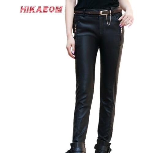EW Pu Leather Pants Womens Autumn Winter Zippers Button Pockets Fashion Plus Size 5xl Pencil Skinny Trousers For Woman NO Belt