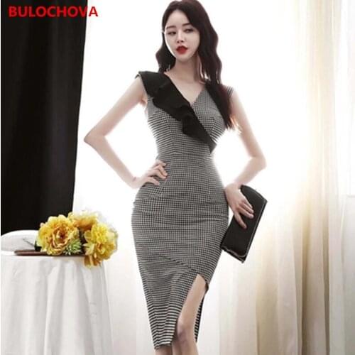 Black White Plaid Women V Neck Chiffon Patchwork Sexy Split Knee Length Dress Ladies High Waist Bodycon Slim Vestidos Femme XL