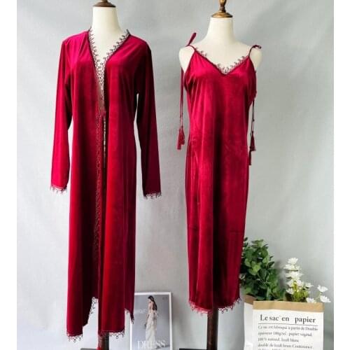Long 2pcs Velvet Kimono Robe Set Long Sleeve Homewear Intimate Lingerie Women Autumn New Sleepwear Casual Bathrobe Gown
