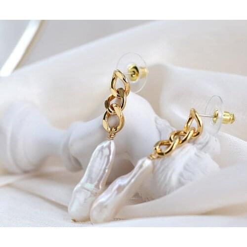 Women nutural long baroque pearl link earrings drop real gold plated jewelry
