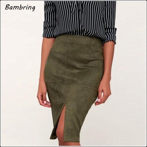 Elegant Suede Leather Split Slim Pencil Skirt Women Olive Green Skinny Office Lady High Waist Skirts Formal Dress Luxury Custom