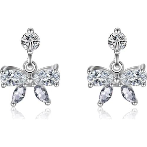 Hot Sale Wholesale New Fashion Shiny Crystal Bowknot 925 Sterling Silver Stud Earrings for Women Girls Gift Drop Shipping