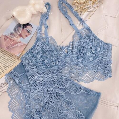Honviey embroidered lace lingerie set with panties with steel ring lenjerie lingerie pants ladies sexy blue cute bralette