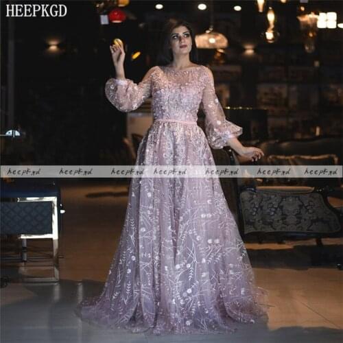 Pink Flowers Lace Arabic Evening Dress A Line Long Sleeves Elegant Formal Dresses Plus Size Women Wedding Party Gown Customize