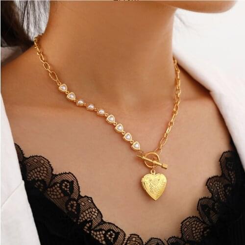 Stainless Steel And Copper Fashion Upscale Jewelry Pearl Love Heart Phase Box Charms Chain Choker Necklaces & Pendants For Women