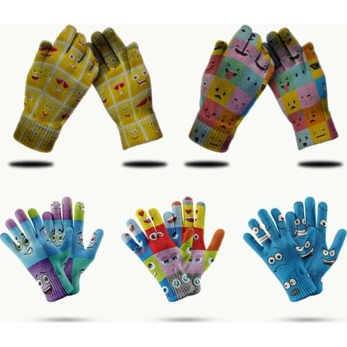 New Fashion Funny Sad Cute Face Colorful Outdoor Riding Garden Gloves Touch Screen Knitted Nylon High Quality Gloves Mittens