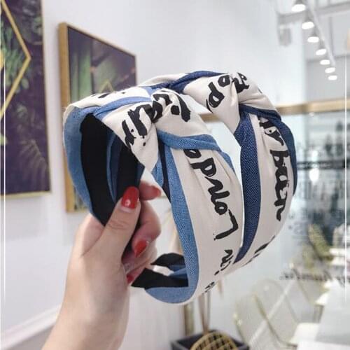 Fashion Girls Hairband Wide Side Blue Denim Hair Band Letter Ribbon Turban Women Hair Hoop Hair Accessories Wholesale
