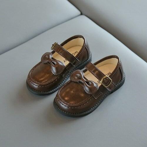 Autumn Girls Leather Shoes Cute Bow Solid Color Boys Sneakers Baby Girl Shoes Kids Dress Shoes Brown SMG216