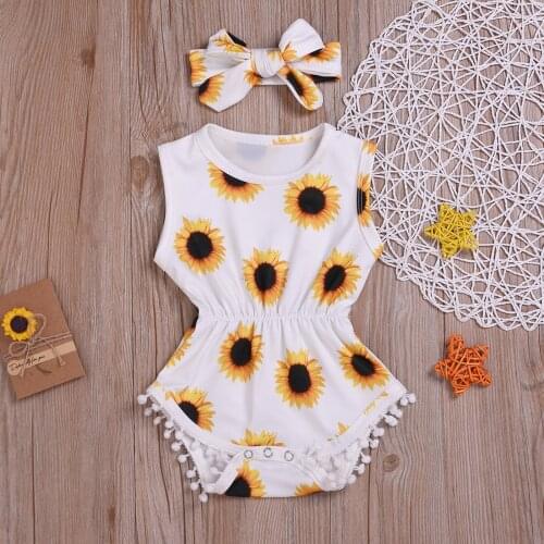 Pudcoco Newborn Baby Girl Clothes Sunflower Printed Romper Sleeveless Back Up Fold Tassels One-piece Garment Bow Hair Band 2Pcs