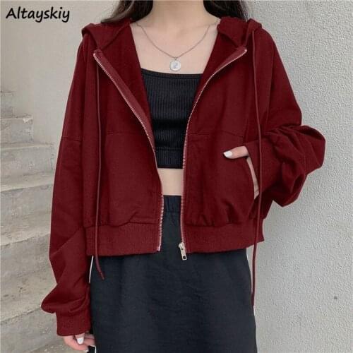 Cropped Sweatshirts Women Solid Leisure Zipper Simple Korean Style Fashion Loose Ladies All-match Student Comfortable Streetwear