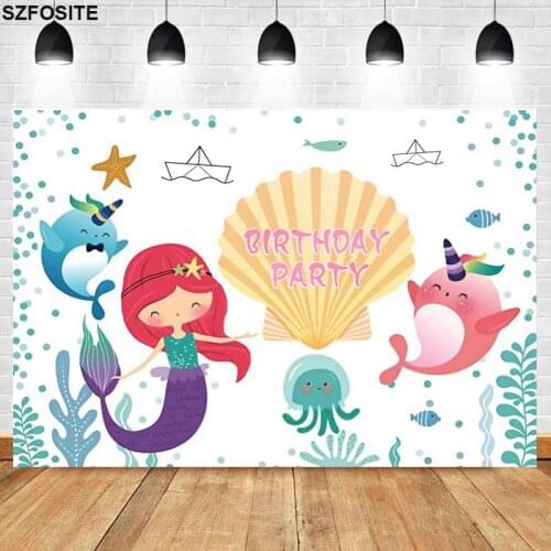 Cartoon Cute Shark Underwater Mermaid Party Background Princess Picture Girl Birthday Table Decoration Photo Kids Vinyl Backdrop