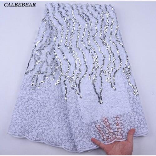 Embroidered African Sequins Lace Fabric 2020 High Quality White French Tulle Lace Fabric Bridal Nigerian Net Lace Fabric S2047