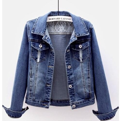 Women Lace Short Jeans Jacket Streetwear Spring Autumn Long Sleeve Slim Stretch Denim Coat Female Wild Basic Outerwear tide G980