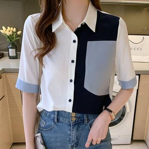 Chikichi 2021 Summer New Temperament Color Contrast Top Splicing Lapel Shirt Womens Short Sleeve Loose Chiffon Shirt