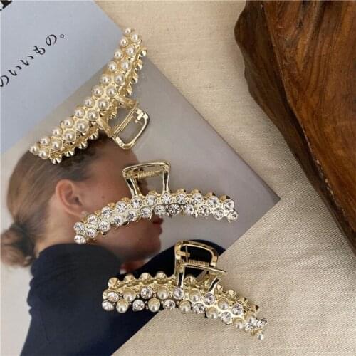 Women Metal Golden Hair Claw Clips Faux Pearl Rhinestone Embellished Jaw Clamp Barrette Jewelry Elegant Styling Hair Accessorie