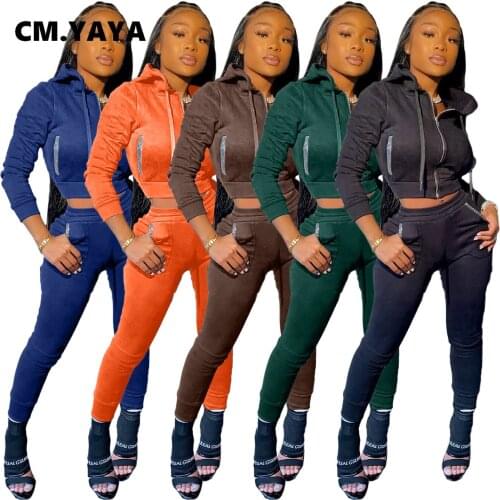 CM.YAYA Sportwear Hot Rhinstone Splicing Pocket Womens Set Zipper Hoodies Pants Set Tracksuit Two Piece Outfit Active Sweatsuit