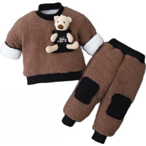 Winter Children Suit Girls Fleece Thicken Sets Boy Cartoon Plus thick velvet Pullover Sweater +Pants Infant Keep warm Tracksui